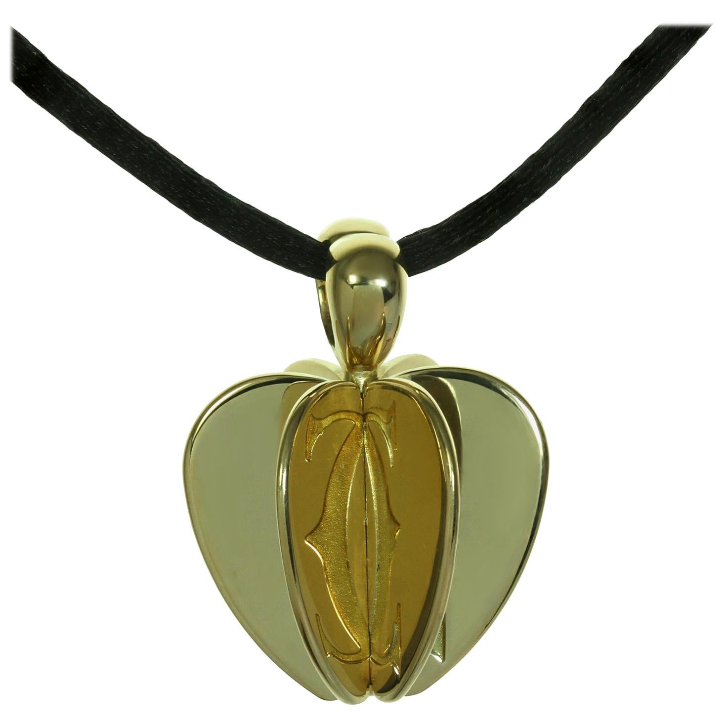Cartier Double C Apple Heart Yellow Gold Pendant Black Cord Necklace