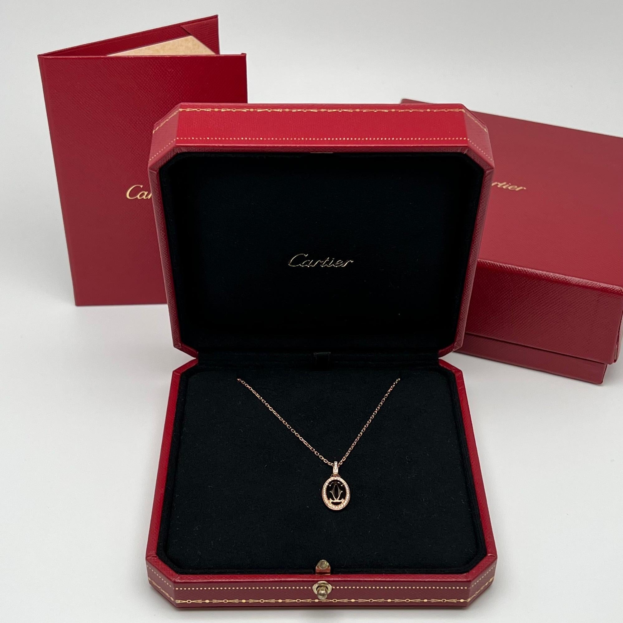 Round Cut Cartier Double C De Cartier Diamond Logo Pendant Necklace 18K Rose Gold 0.10cttw