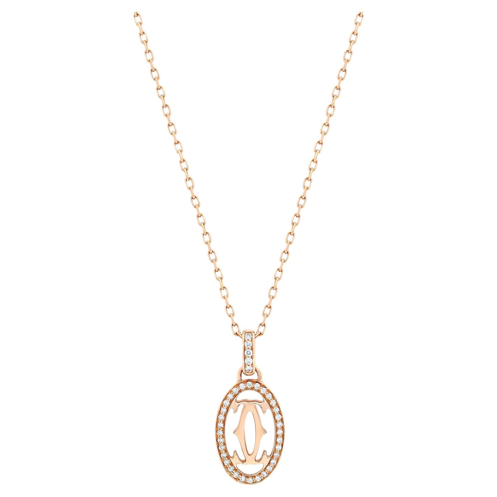 Cartier Double C De Cartier Diamond Logo Pendant Necklace 18k Rose Gold 0.10cttw For Sale