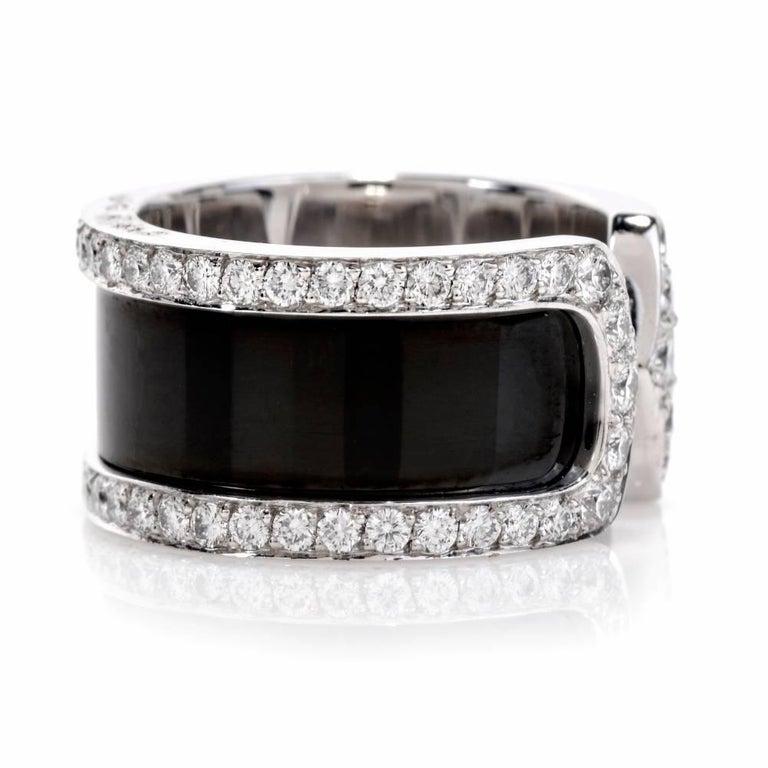 Round Cut Cartier Double C Diamond 18 Karat Gold Black Open Band Ring