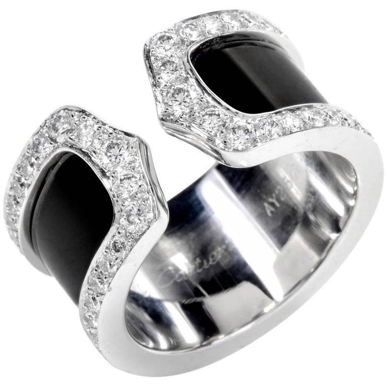 Round Cut Cartier Double C Diamond 18 Karat Gold Black Open Band Ring