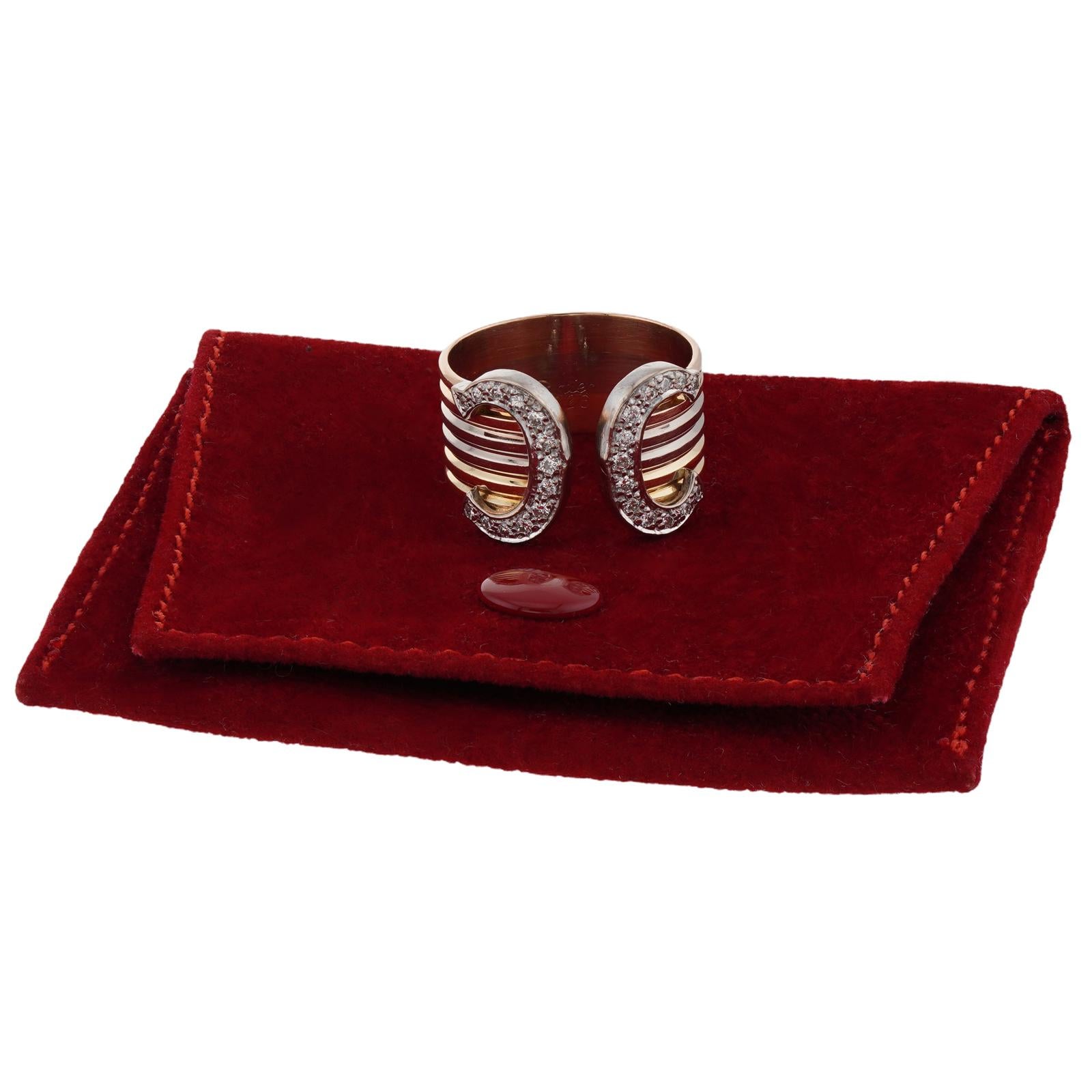 Taille brillant CARTIER Double C Diamond 18k Tri-Color Gold Ring en vente