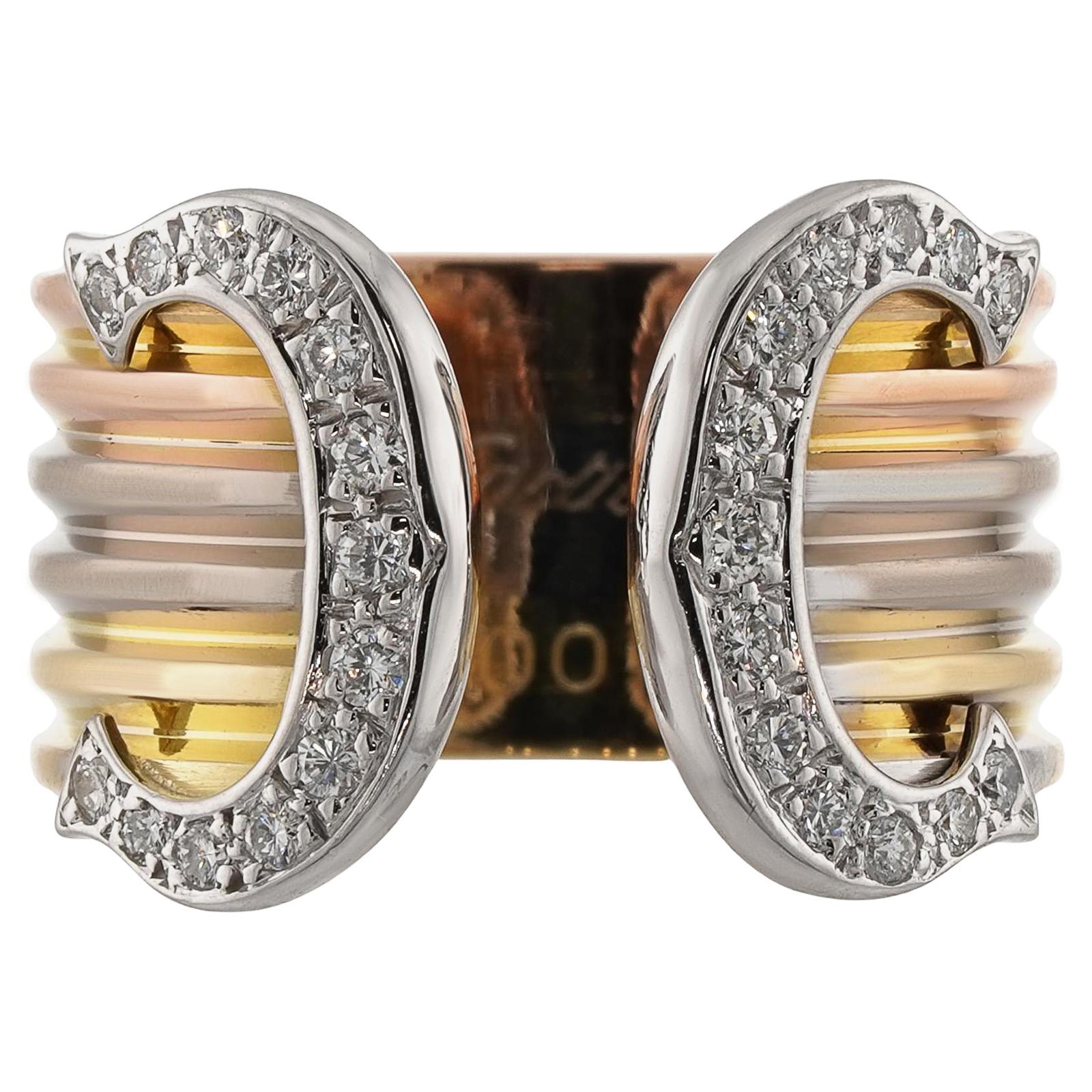 Brilliant Cut CARTIER Double C Diamond 18k Tri-Color Gold Ring For Sale