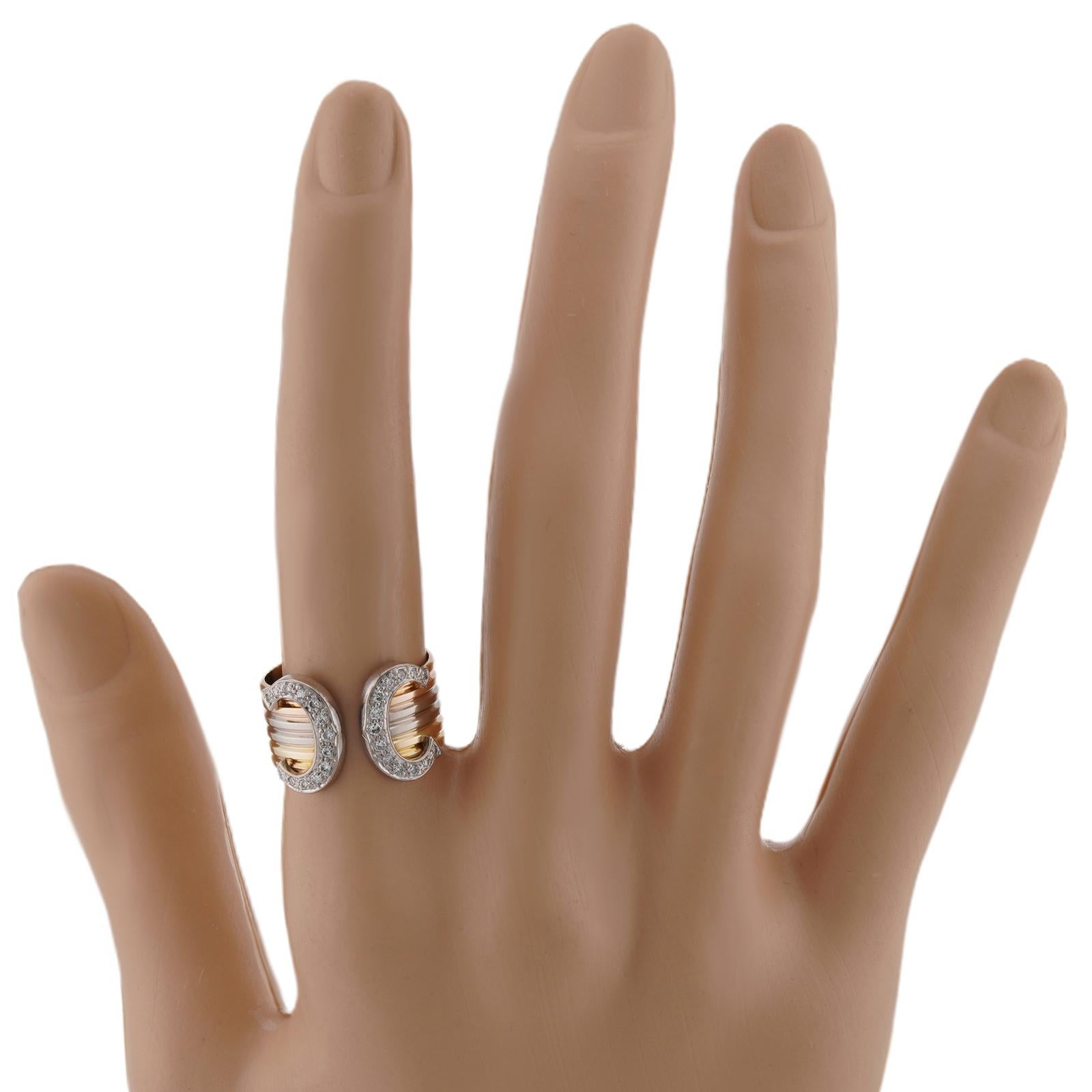 CARTIER Double C Diamond 18k Tri-Color Gold Ring Excellent état - En vente à New York, NY