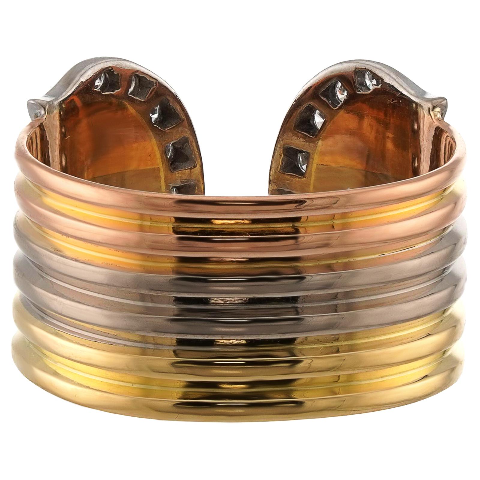 Brilliant Cut CARTIER Double C Diamond 18k Tri-Color Gold Ring For Sale