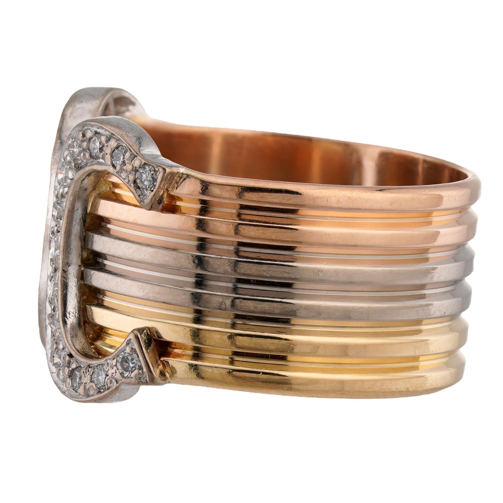 CARTIER Double C Diamond 18k Tri-Color Gold Ring en vente 1