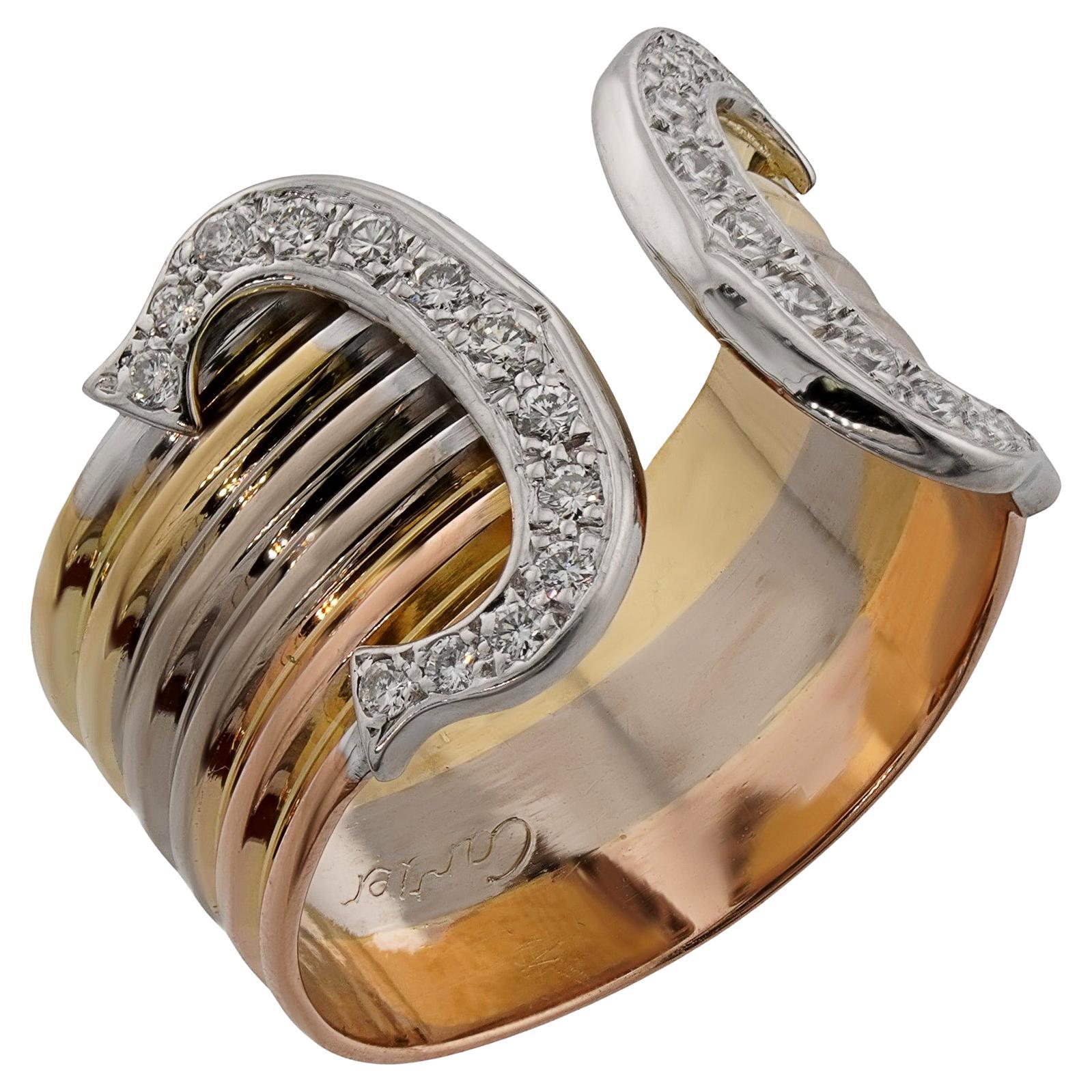 CARTIER Double C Diamond 18k Tri-Color Gold Ring For Sale