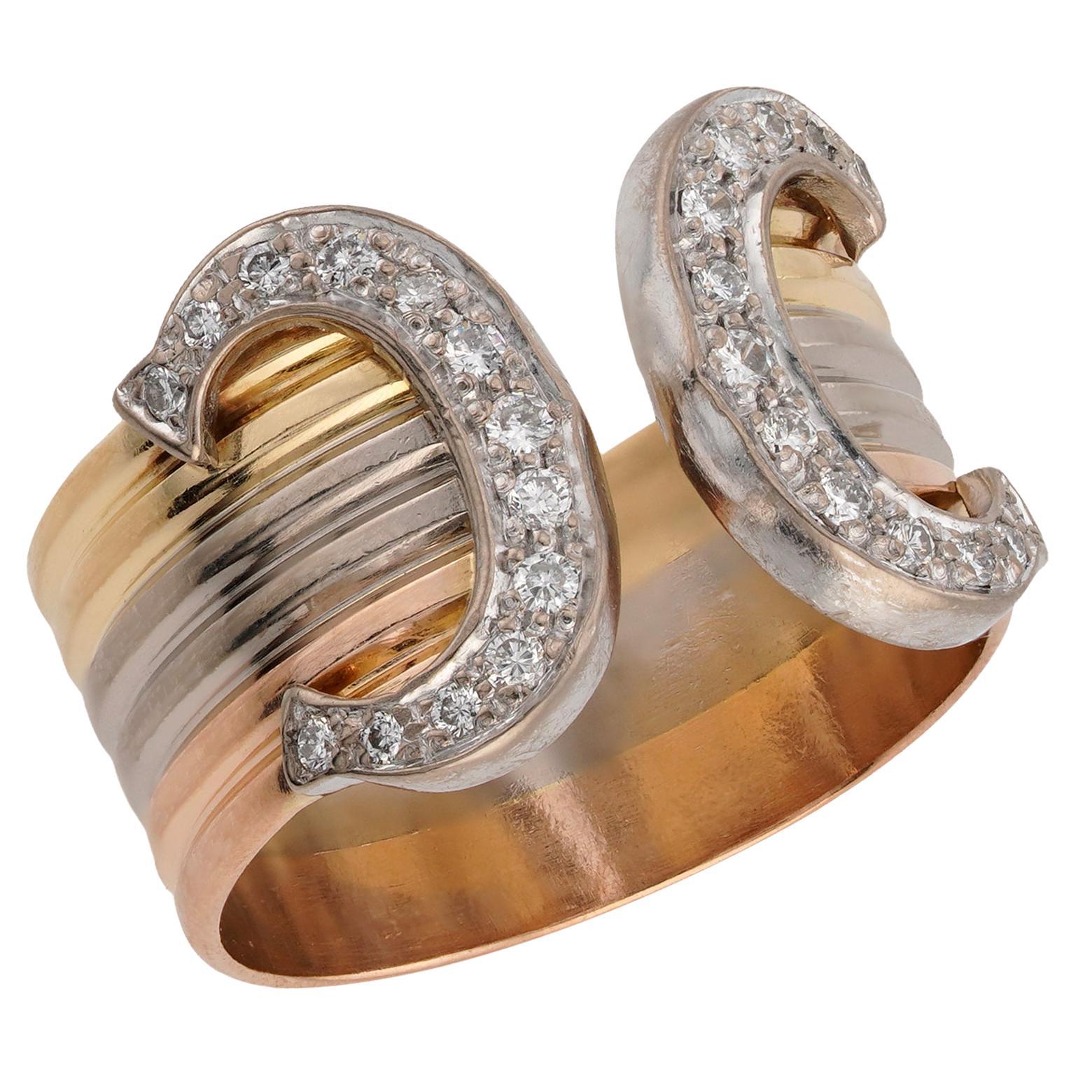 CARTIER Double C Diamond 18k Tri-Color Gold Ring