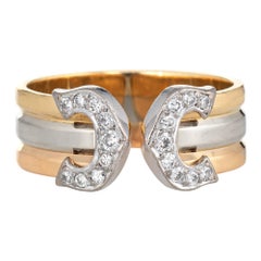 Cartier Double C Diamond Ring Vintage 18 Karat Tri Gold Band Pinky