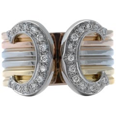 Cartier Double C Diamond Tri-Color 18 Karat Gold Wide Cuff Ring