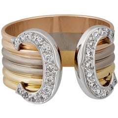 Cartier Double C Diamond Tri-Color 18 Karat Gold Wide Cuff Ring