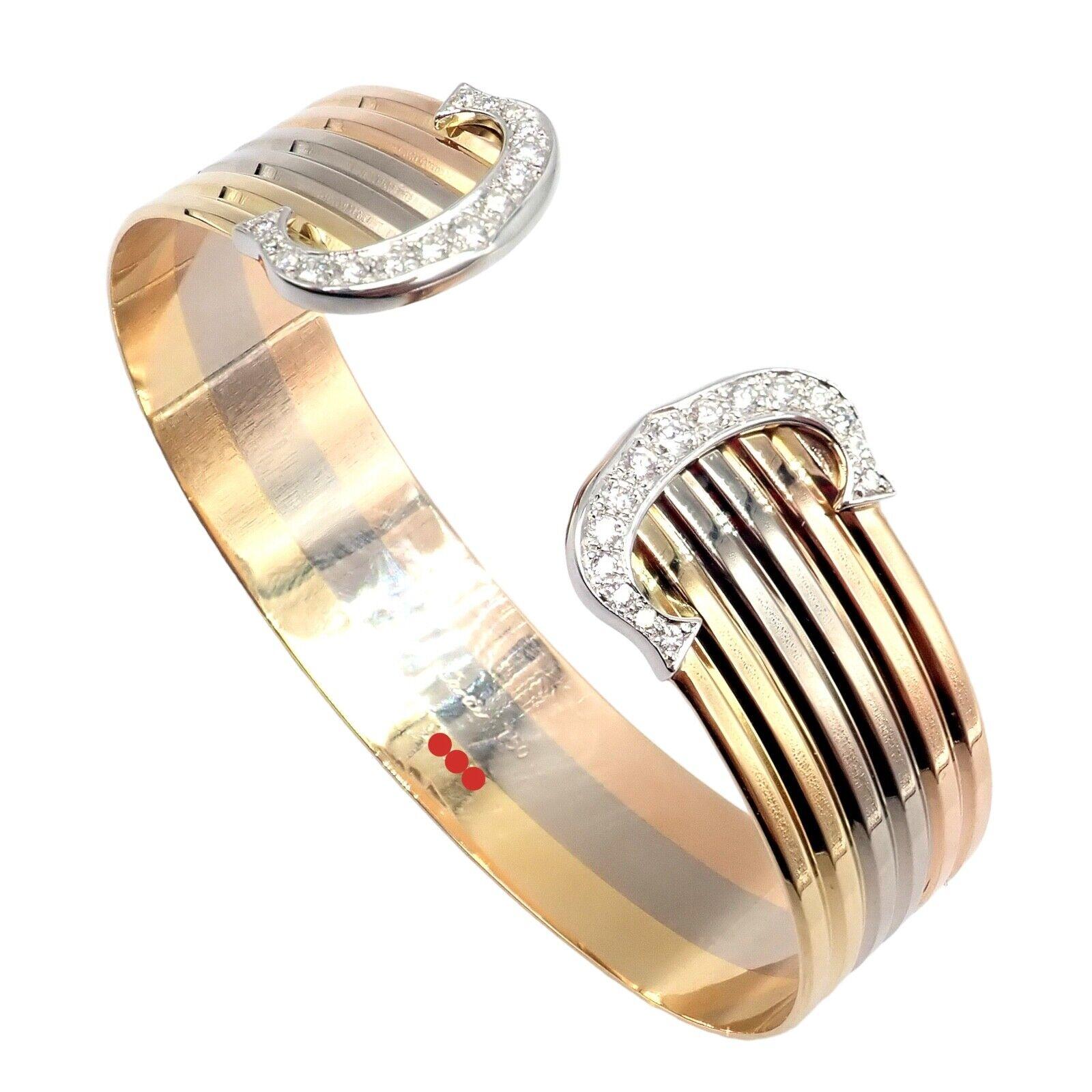 Women's or Men's Cartier Double C Diamond Tri-Color Gold Trinity Cuff Bangle Bracelet For Sale