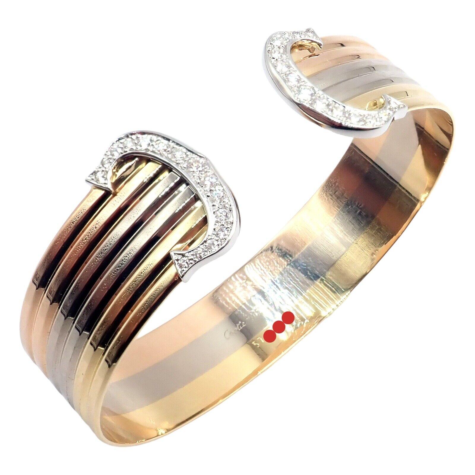Cartier Double C Diamond Tri-Color Gold Trinity Cuff Bangle Bracelet For Sale 1