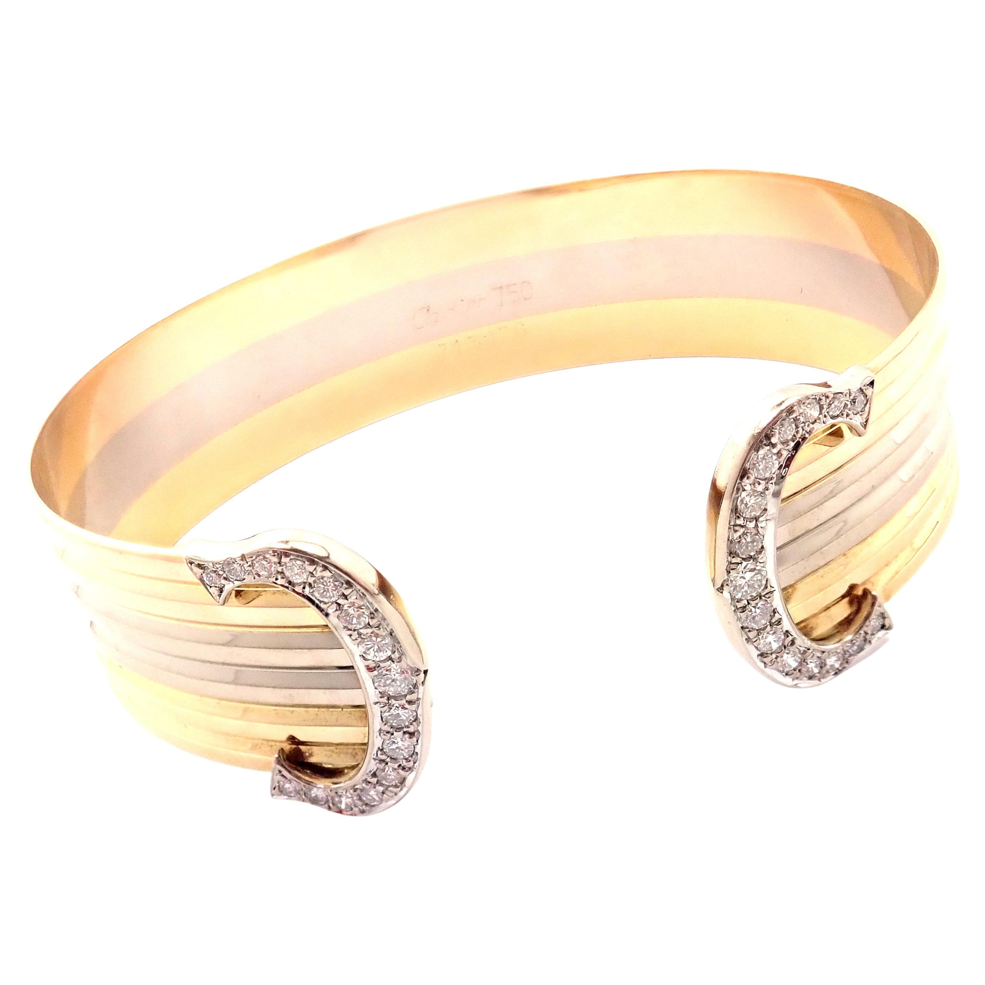 Cartier Double C Diamond Tri-Color Gold Trinity Cuff Bangle Bracelet