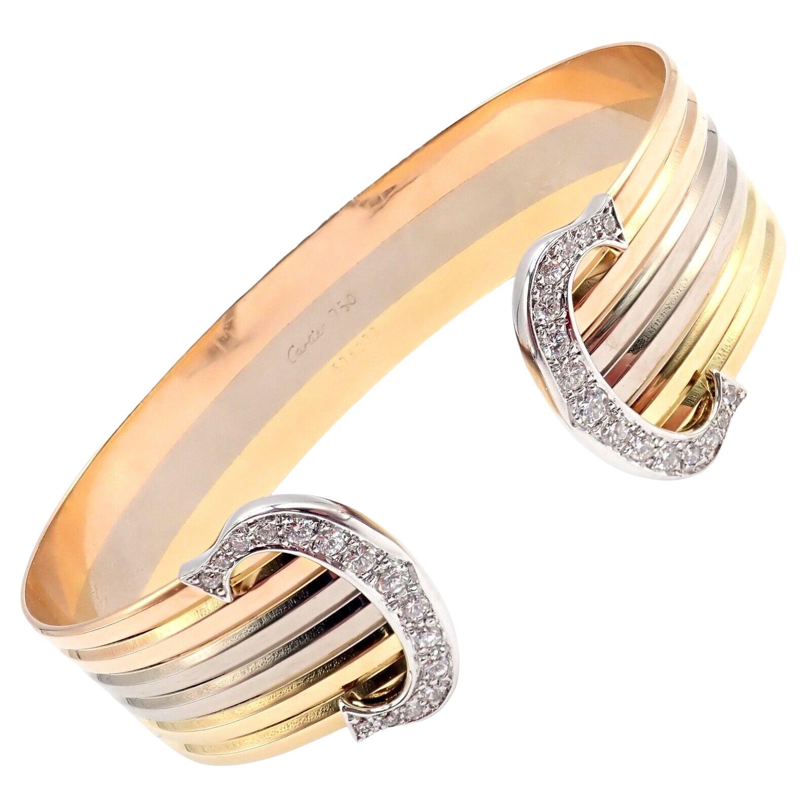 Cartier Double C Diamond Tri-Color Gold Trinity Cuff Bangle Bracelet For Sale