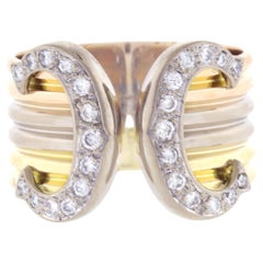 Retro Cartier Double C Diamond Trinity Gold Band Ring