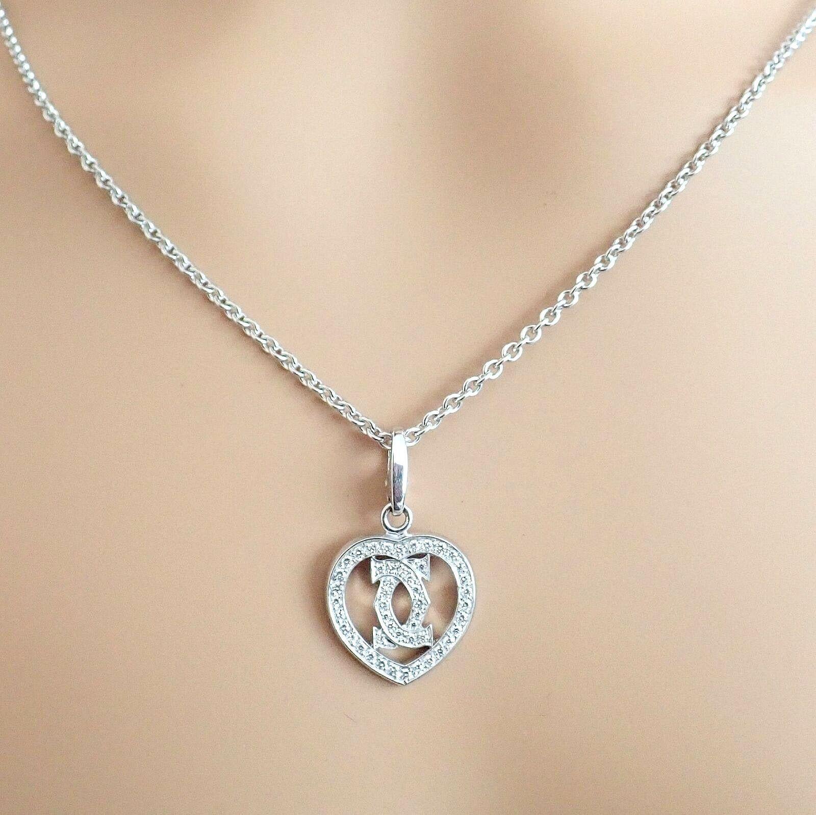 Brilliant Cut Cartier Double C Heart Diamond White Gold Pendant Long Link Chain Necklace