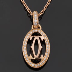 CARTIER Double C Logo Diamond 18k Rose Gold Pendant Necklace