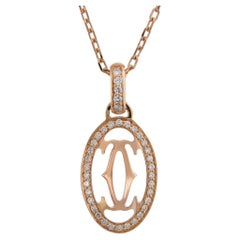 CARTIER Double C Logo Diamond 18k Rose Gold Pendant Necklace