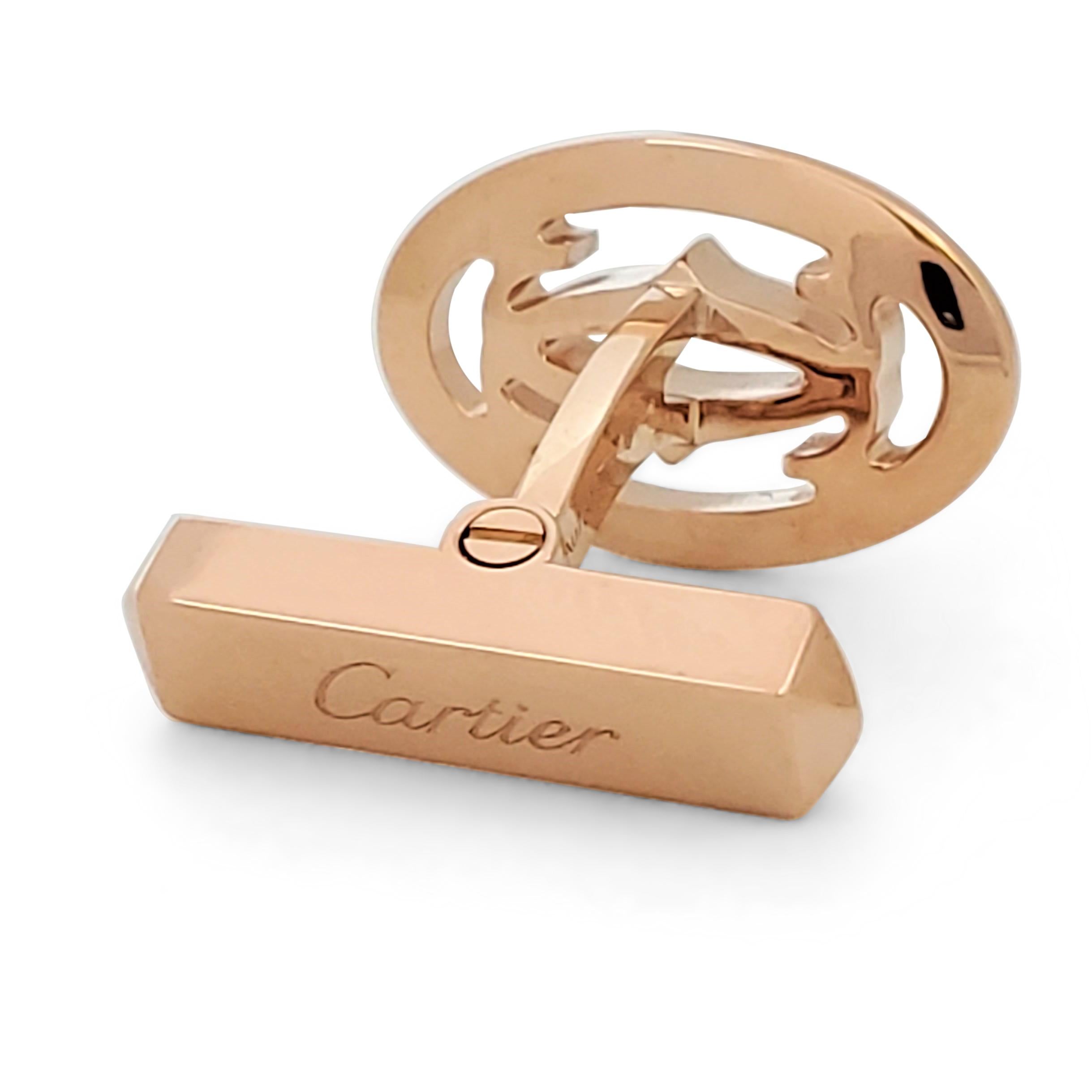 Authentic Cartier cufflinks crafted in 18 karat rose gold feature the house's iconic double C motif. Signed Cartier, Au750, with serial number and French hallmark. The cufflinks are presented with the original box, no papers. CIRCA 2000s.

Original
