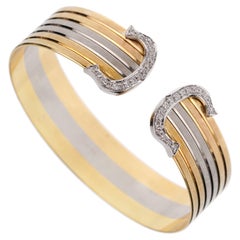 Cartier Double C Retro Diamond Cuff Tri Color Bangle Bracelet