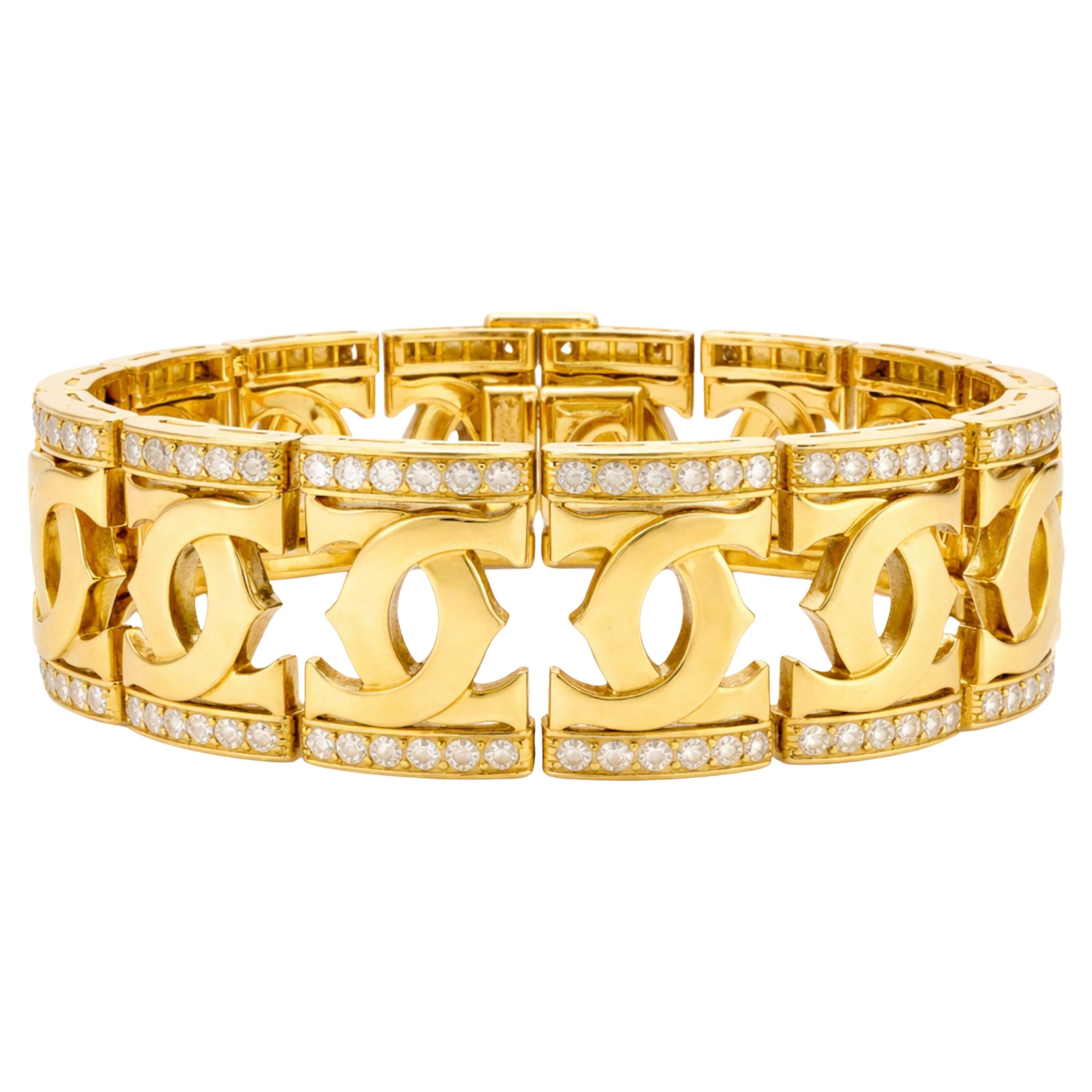 Cartier Double C Wide Link Diamond Bracelet in 18K Yellow Gold, circa 1990s For Sale