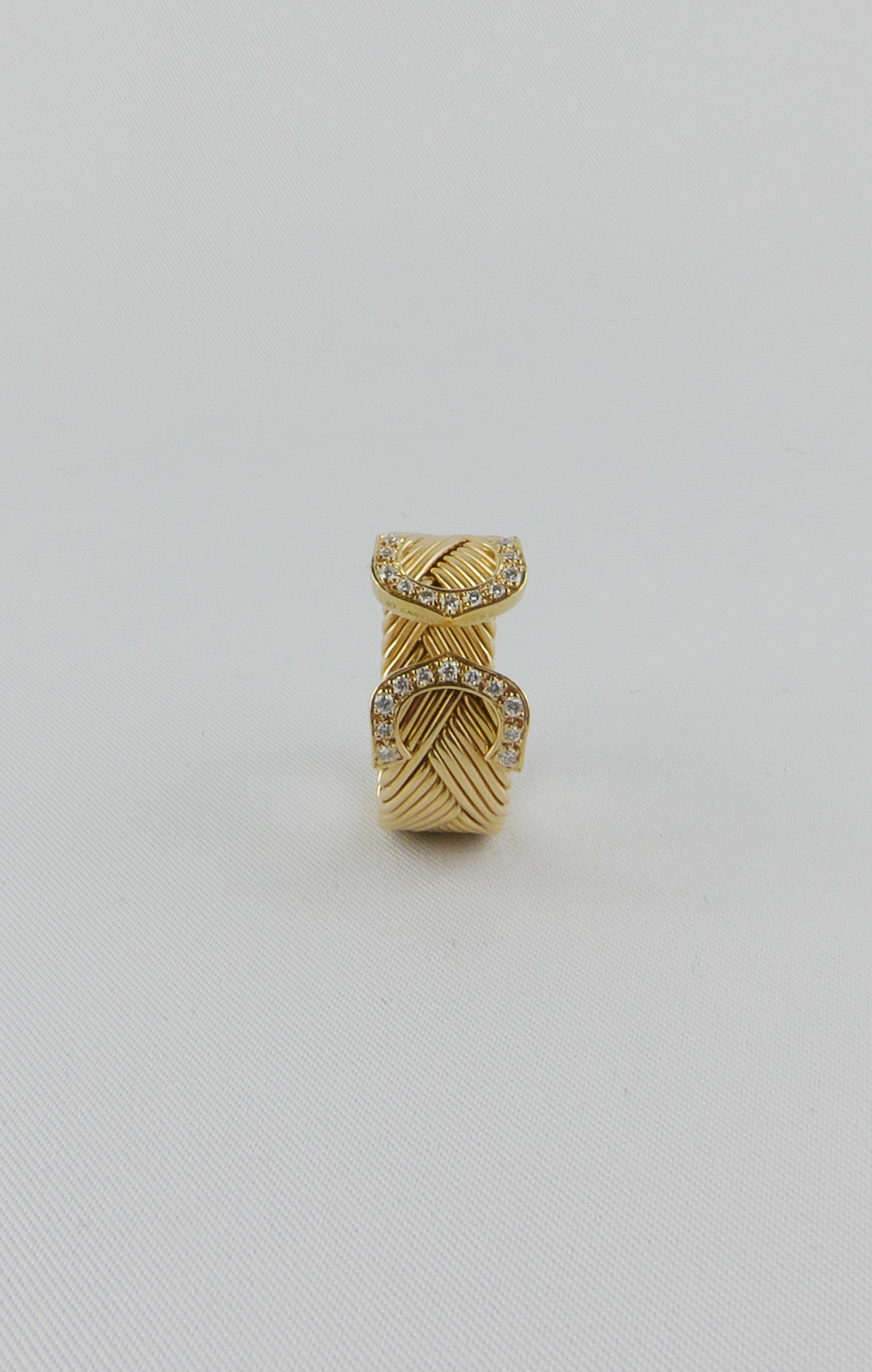 Cartier Double C Yellow Gold and Diamond Braided Open Band Ring In Good Condition In Torino, IT