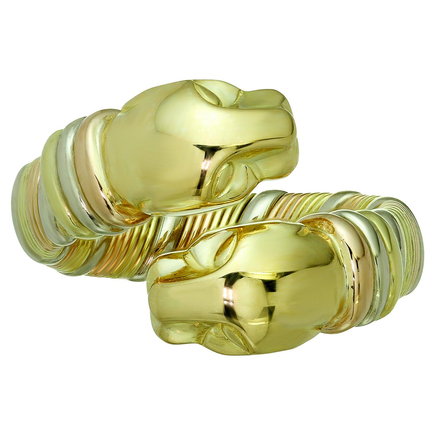 CARTIER 18k Tri-Gold Vintage-Ring mit doppeltem Kopf aus Panther Damen im Angebot