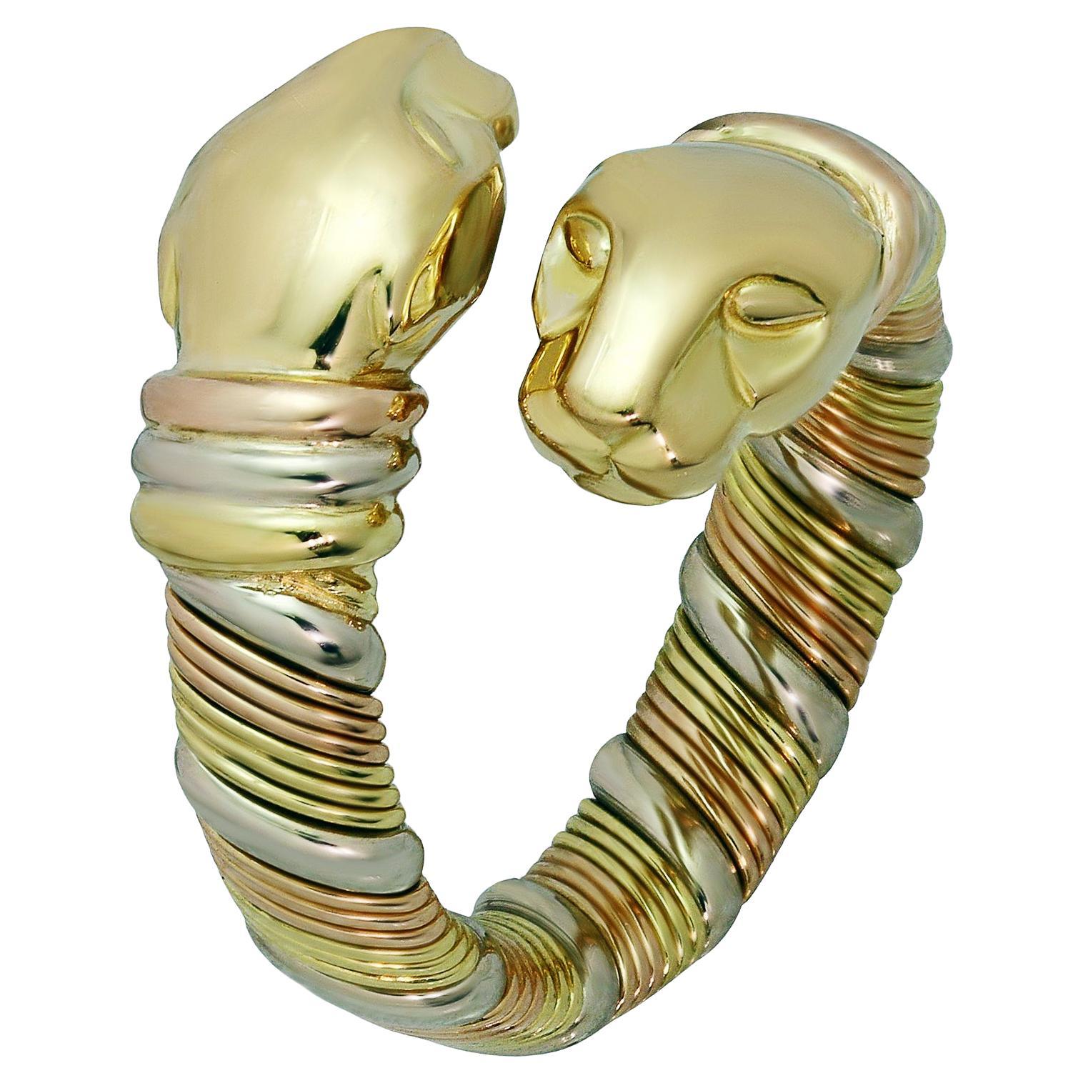 Cartier Double Head Panther 18k Tri-Gold Vintage Ring For Sale