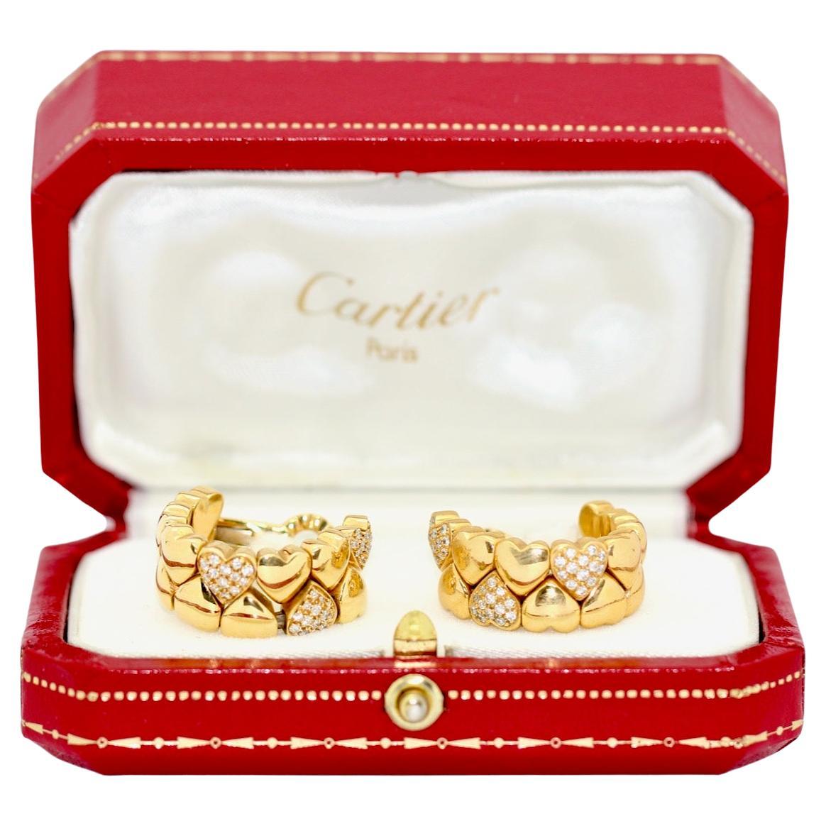 Cartier Double Heart Coeur Earrings, 18 Karat Gold with Diamonds and Certificate For Sale