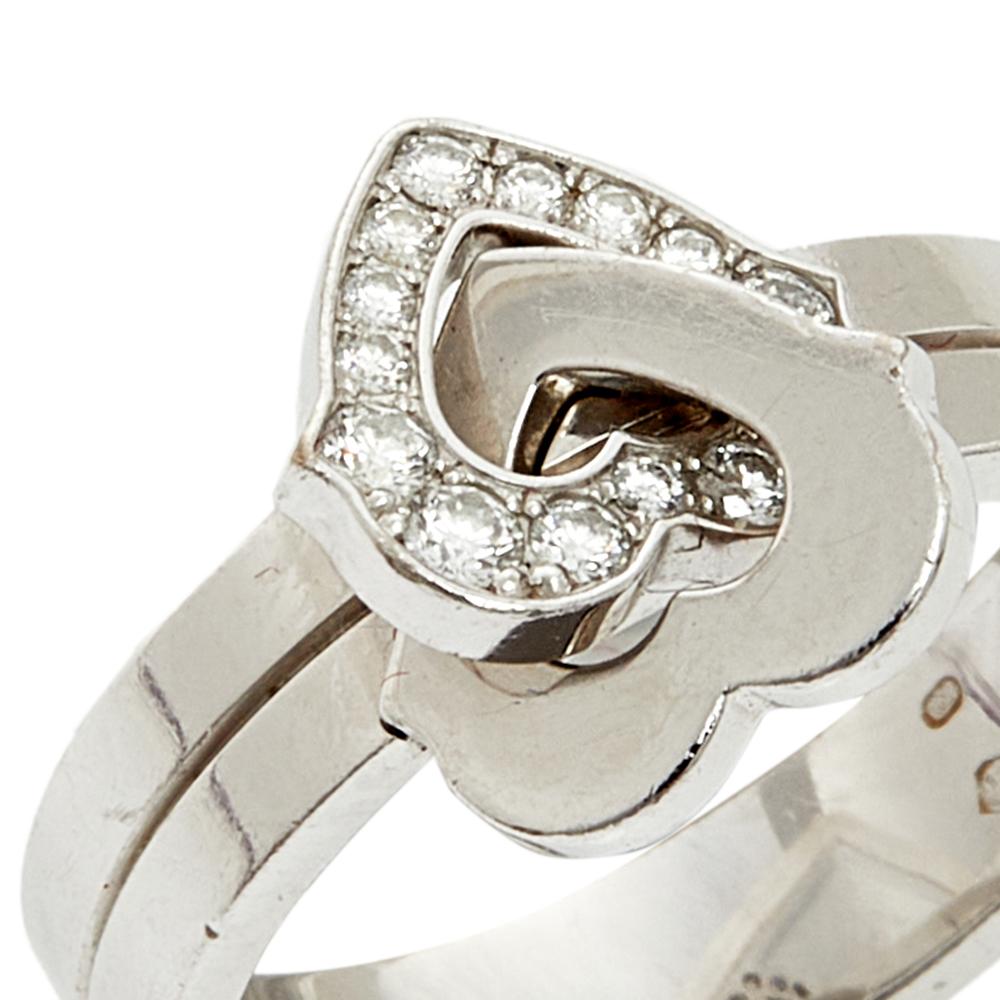 Heart Cut Cartier Double Heart Diamond 18K White Gold Cocktail Ring Size 52