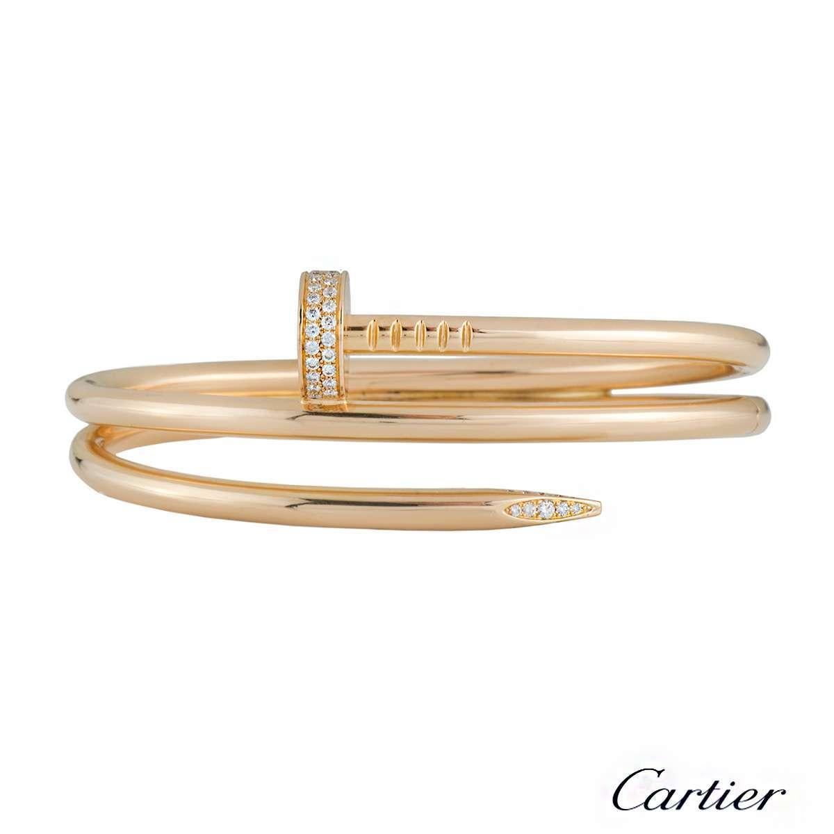 An 18k rose gold and diamond Cartier bracelet from the Juste Un Clou collection. The bracelet is in the style of a nail wrapping around the wrist with 62 round brilliant cut pave set diamonds to the head and tip, totalling 0.51ct. The bracelet