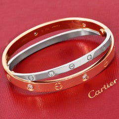 Cartier Double Love 12 Diamonds Rose White Gold Bracelet SZ 16