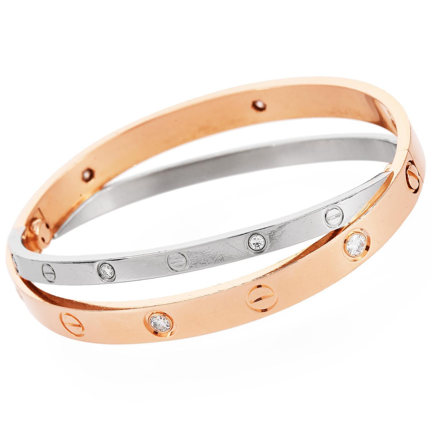 Cartier Double Love Diamant-Armband aus Roségold und Weißgold, Größe 16 (Rundschliff) im Angebot