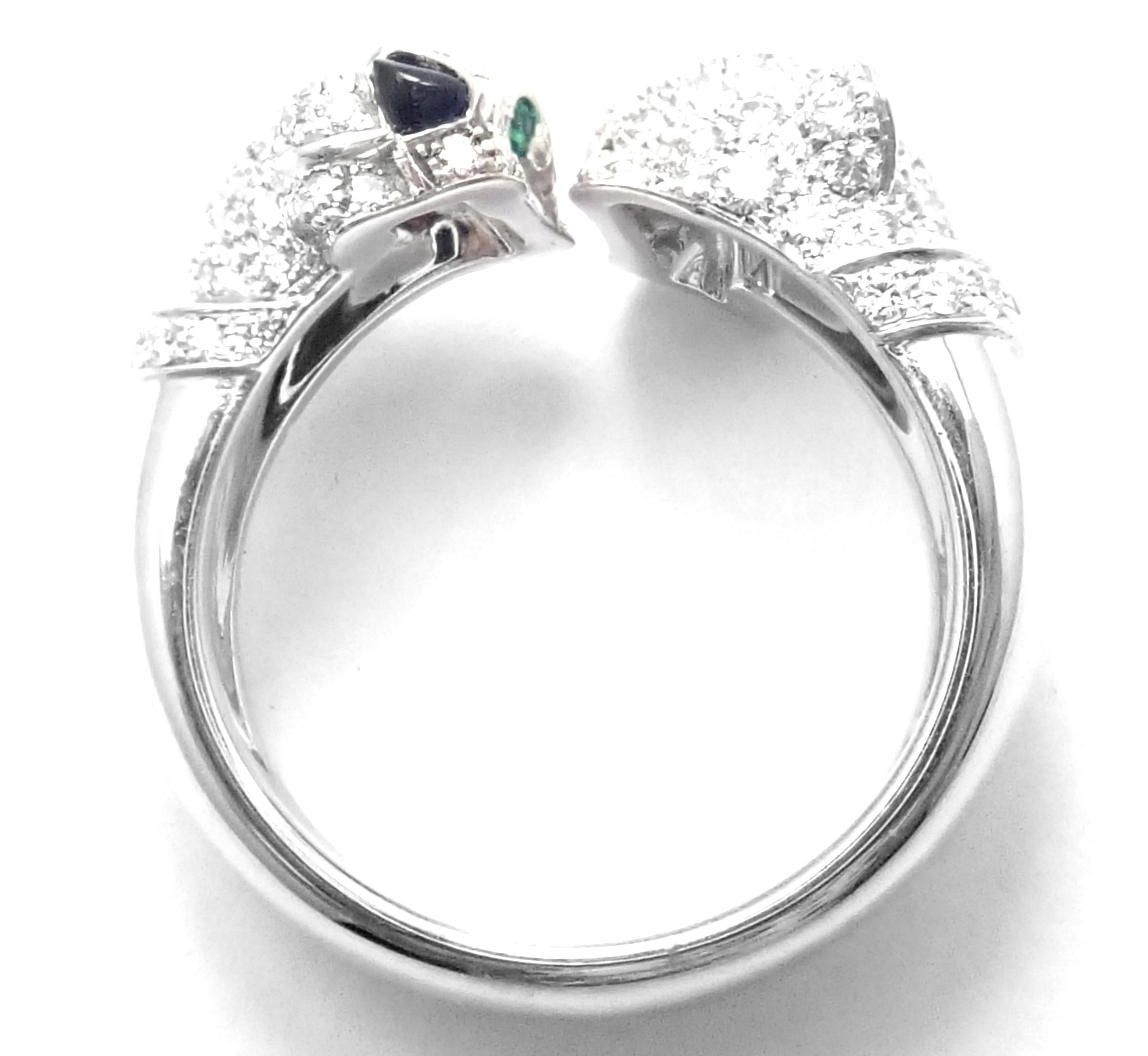 Brilliant Cut Cartier Double Panther Panthere Diamond Emerald Onyx White Gold Ring