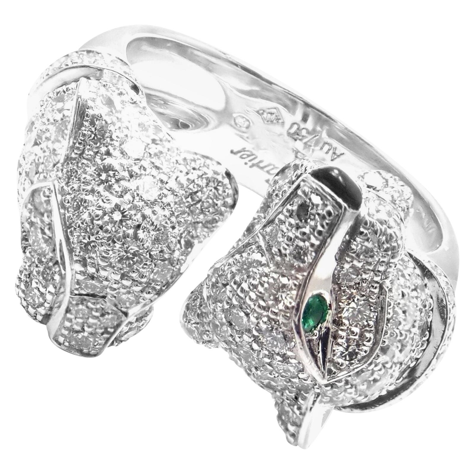 Cartier Double Panther Panthere Diamond Emerald Onyx White Gold Ring
