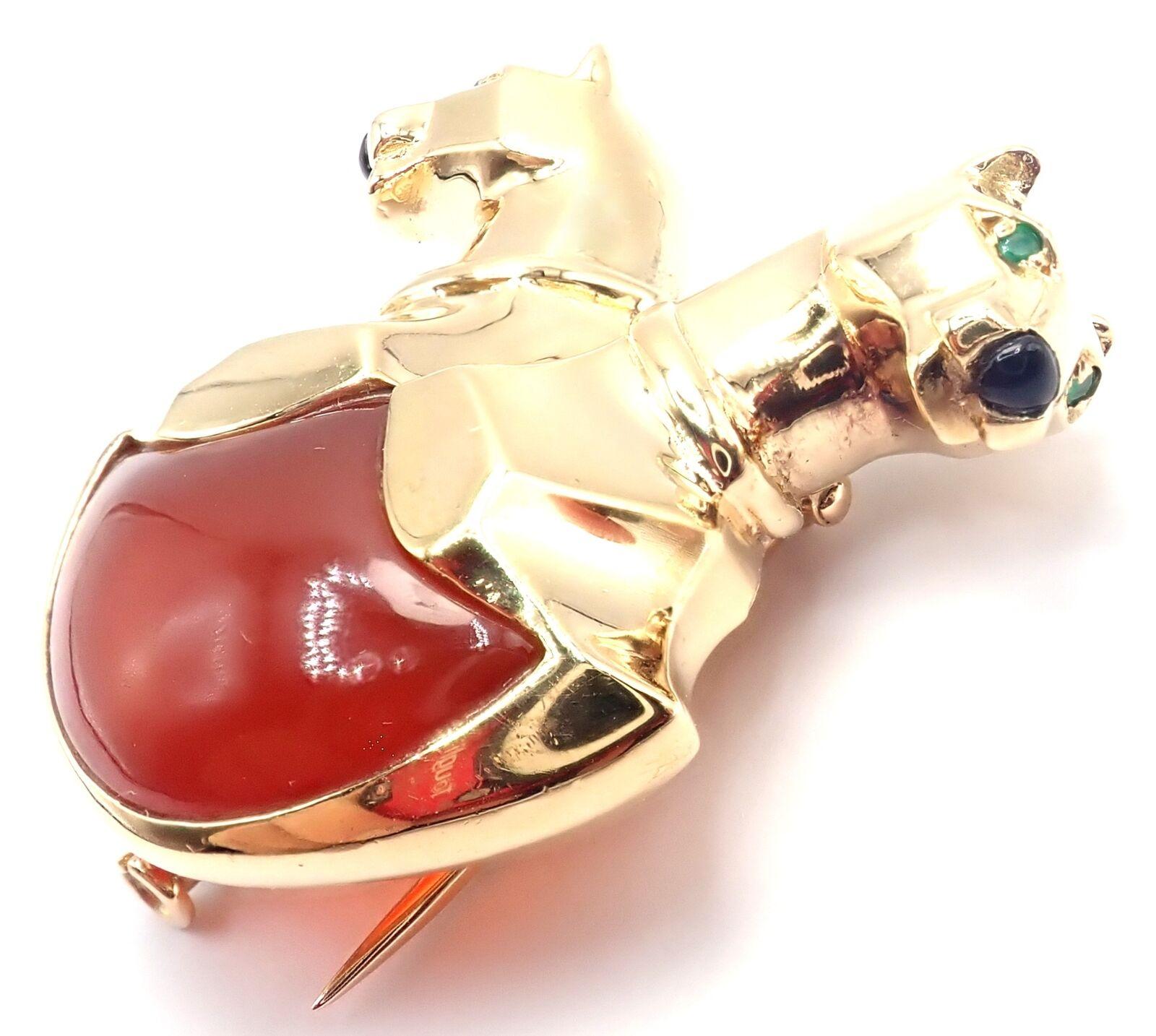 Cartier Double Panther Panthere Emerald Jasper Onyx Yellow Gold Pin Brooch For Sale 5
