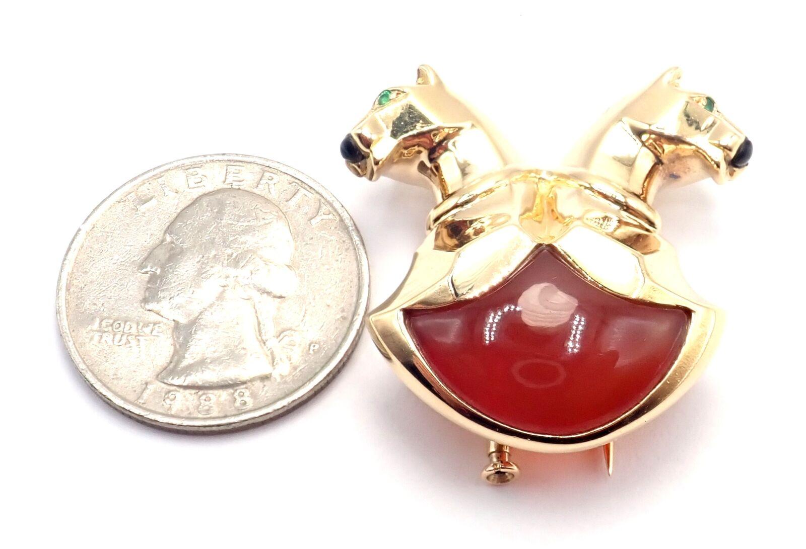Cartier Double Panther Panthere Emerald Jasper Onyx Yellow Gold Pin Brooch For Sale 7