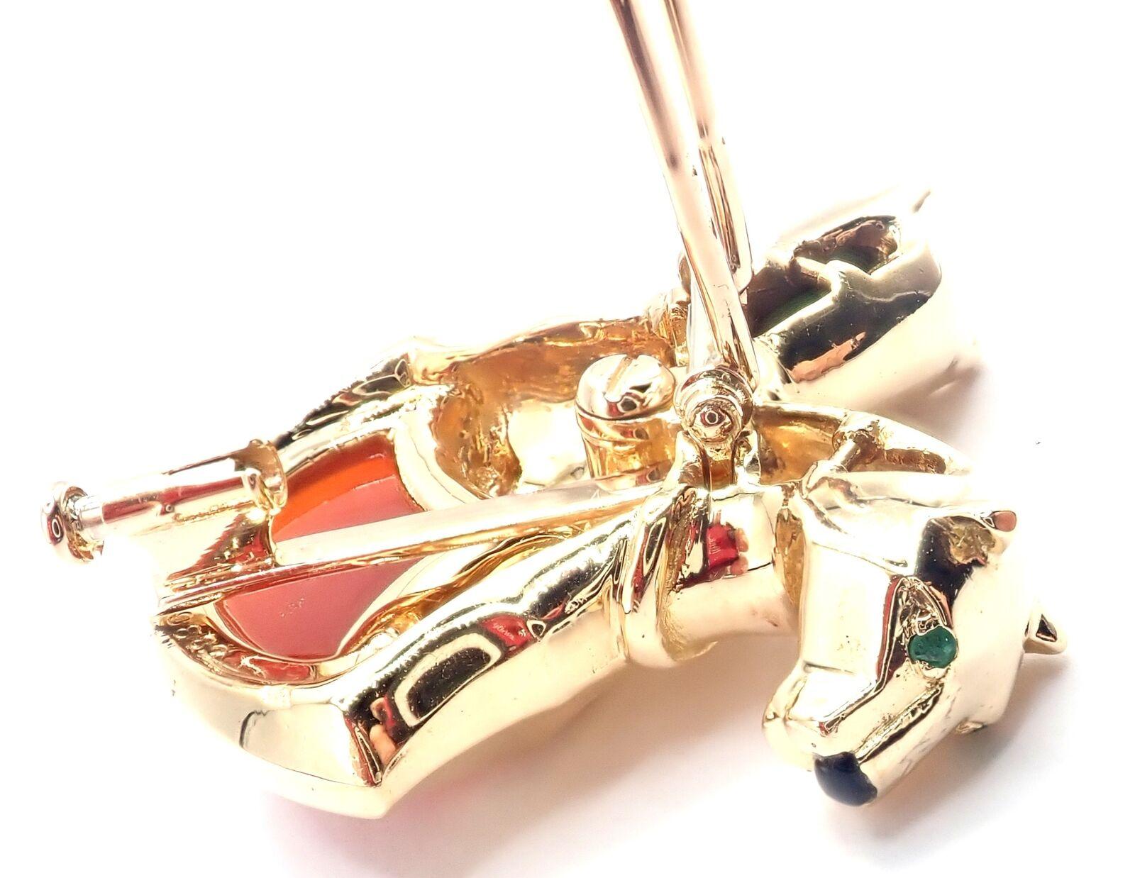 Women's or Men's Cartier Double Panther Panthere Emerald Jasper Onyx Yellow Gold Pin Brooch For Sale