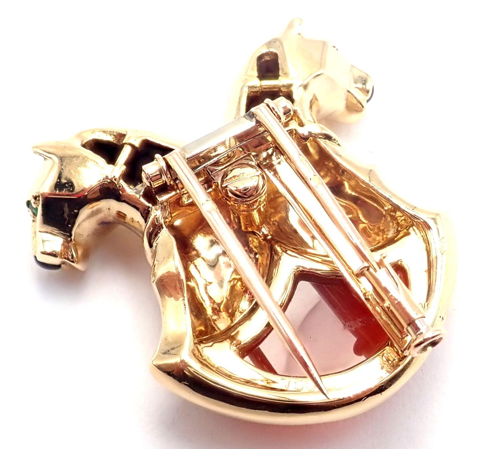 Cartier Double Panther Panthere Emerald Jasper Onyx Yellow Gold Pin Brooch For Sale 4