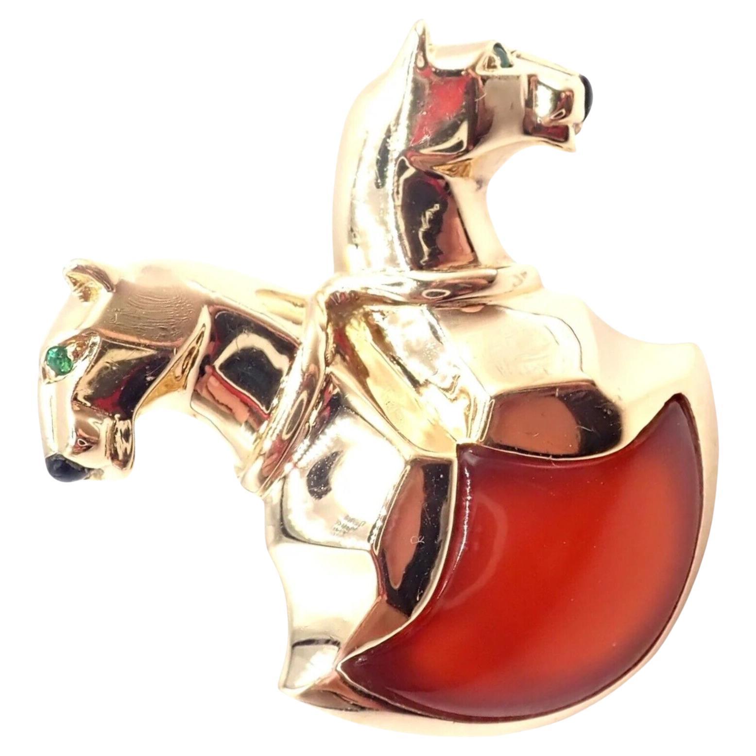 Cartier Double Panther Panthere Emerald Jasper Onyx Yellow Gold Pin Brooch