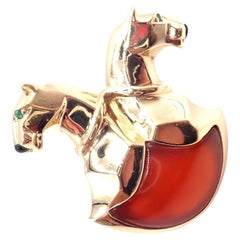 Cartier Double Panther Panthere Emerald Jasper Onyx Yellow Gold Pin Brooch