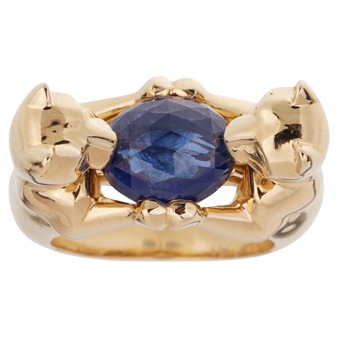 Cartier Double Panthère Saphir Or Jaune 18k Bague Cocktail Sz 6 1/4 en vente