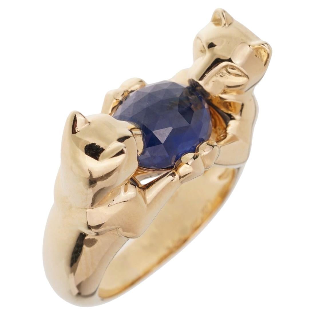 Cartier Double Panthere Sapphire 18k Gelbgold Cocktail Ring Sz 6 1/4 im Angebot