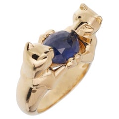 Cartier Double Panthere Sapphire 18k Gelbgold Cocktail Ring Sz 6 1/4