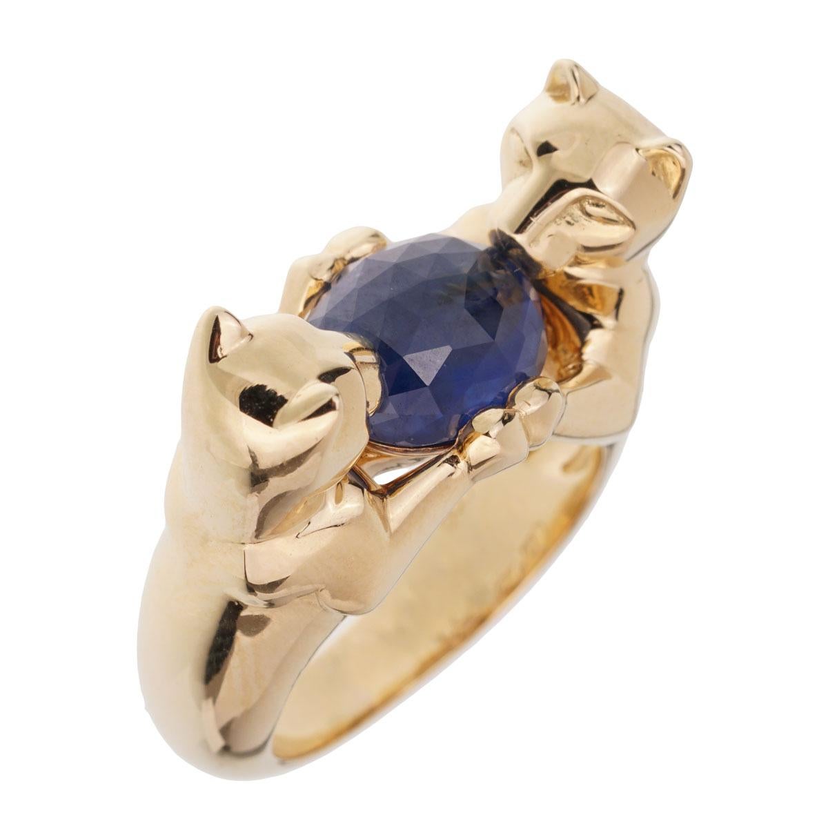 Oval Cut Cartier Double Panthere Sapphire Yellow Gold Ring
