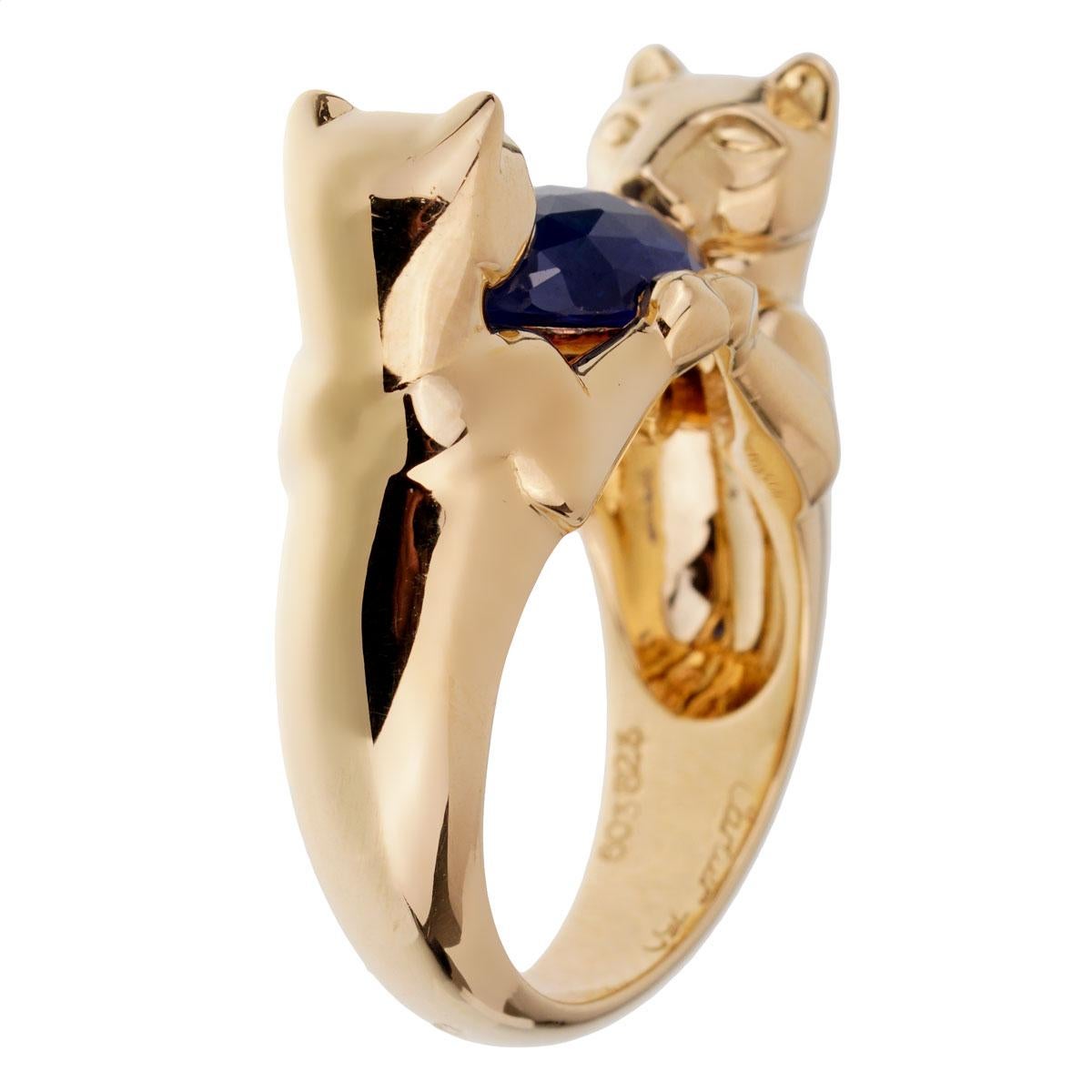 Cartier Double Panthere Sapphire Yellow Gold Ring In Excellent Condition In Feasterville, PA