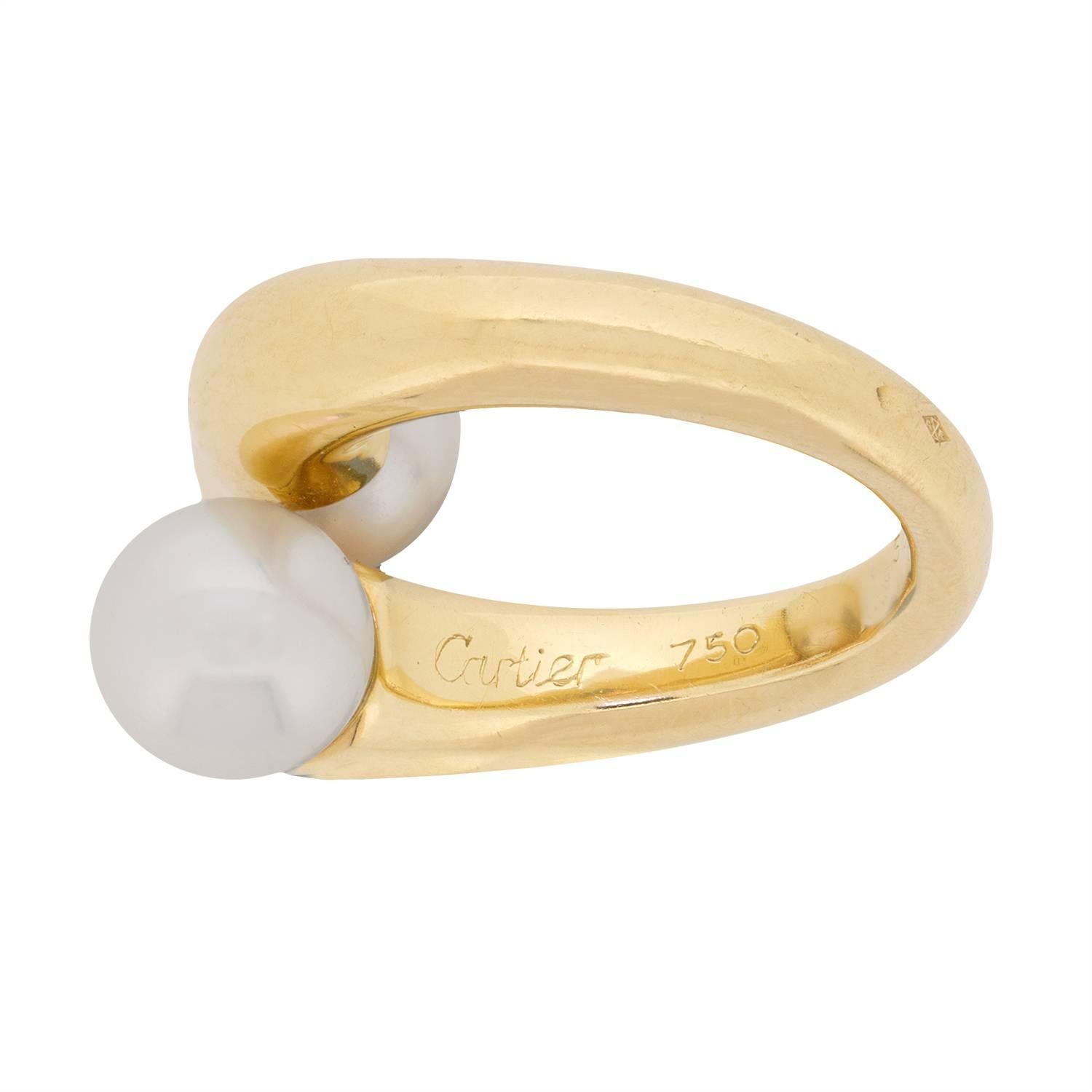 Cartier Double Pearl 18 Carat Yellow Gold Ring, circa 1996 In Good Condition In London, GB