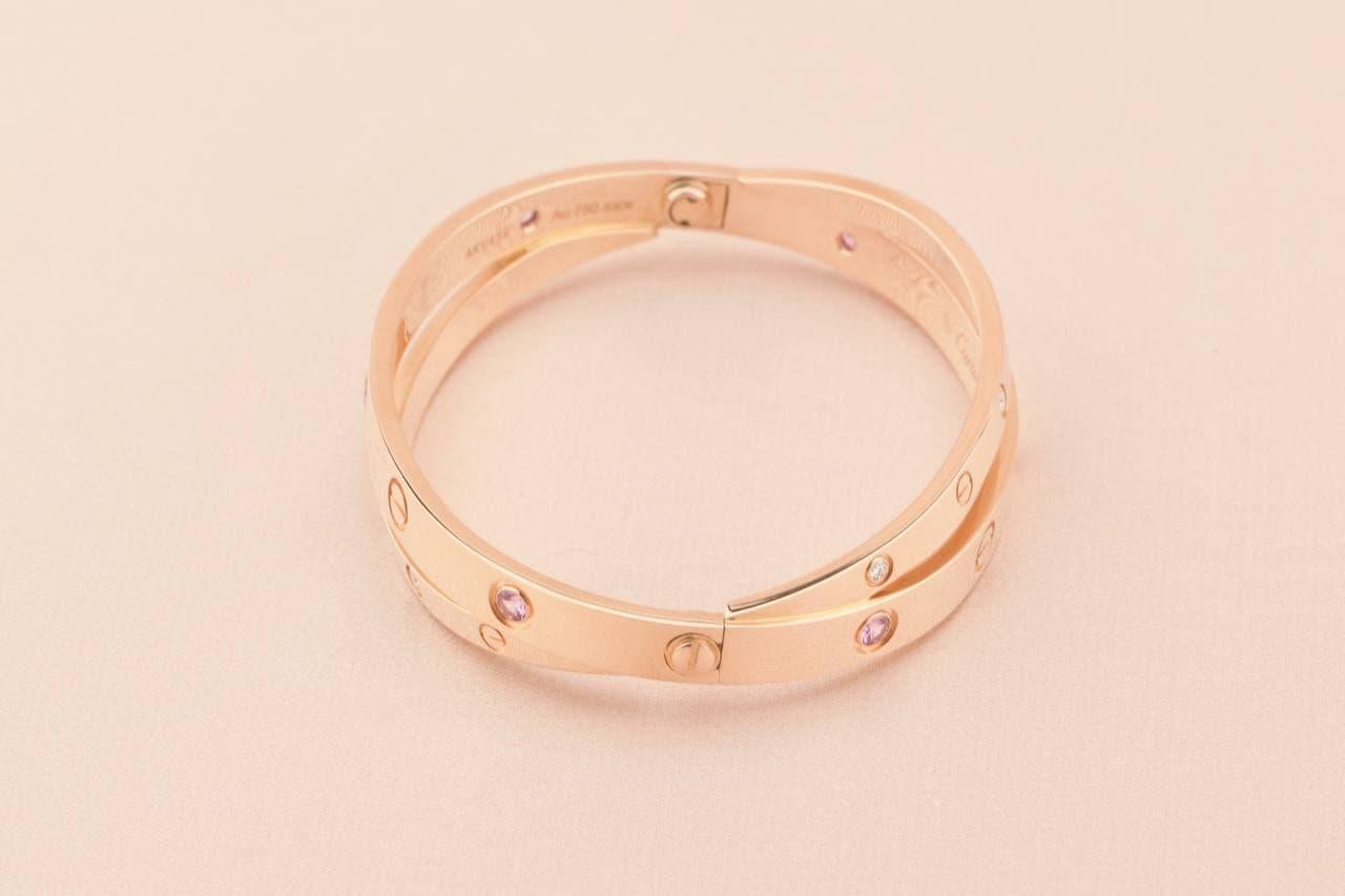 Women's or Men's Cartier Double Pink Sapphire Diamond Rose Gold Bracelet
