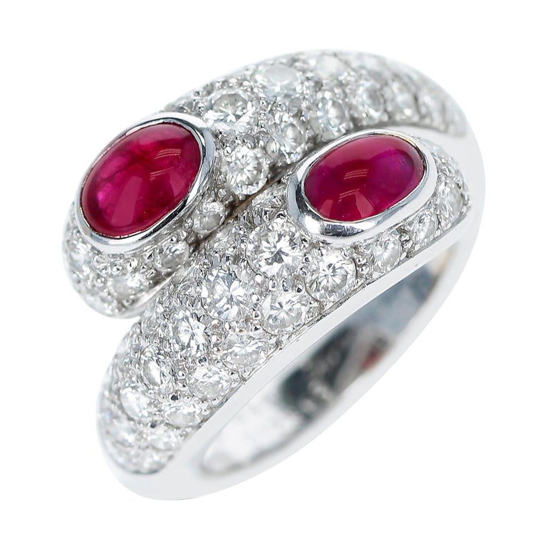 Cartier Double Ruby Cabochon and Diamond Ring with Paperwork, 18k White For  Sale at 1stDibs